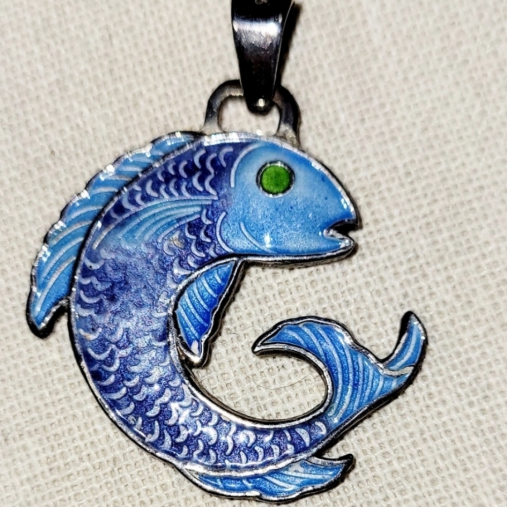Fish Pendant, Silver with Blue Enamel Inlay, Unusual Design, New